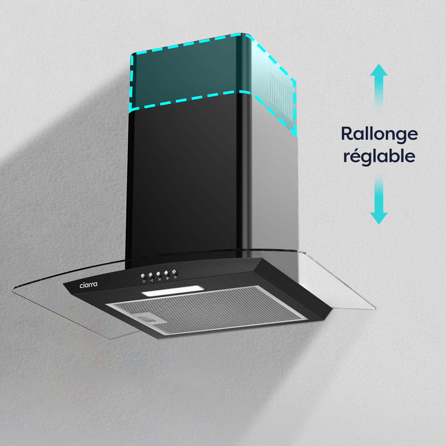 CIARRA Hotte Aspirante 60cm 650m3/h Classe A++ 1pcs Filtre Actif 3 Vitesses Recyclage Evacuation Verre & Noir - 506BK60 17 CIARRA HOTTE MURALE