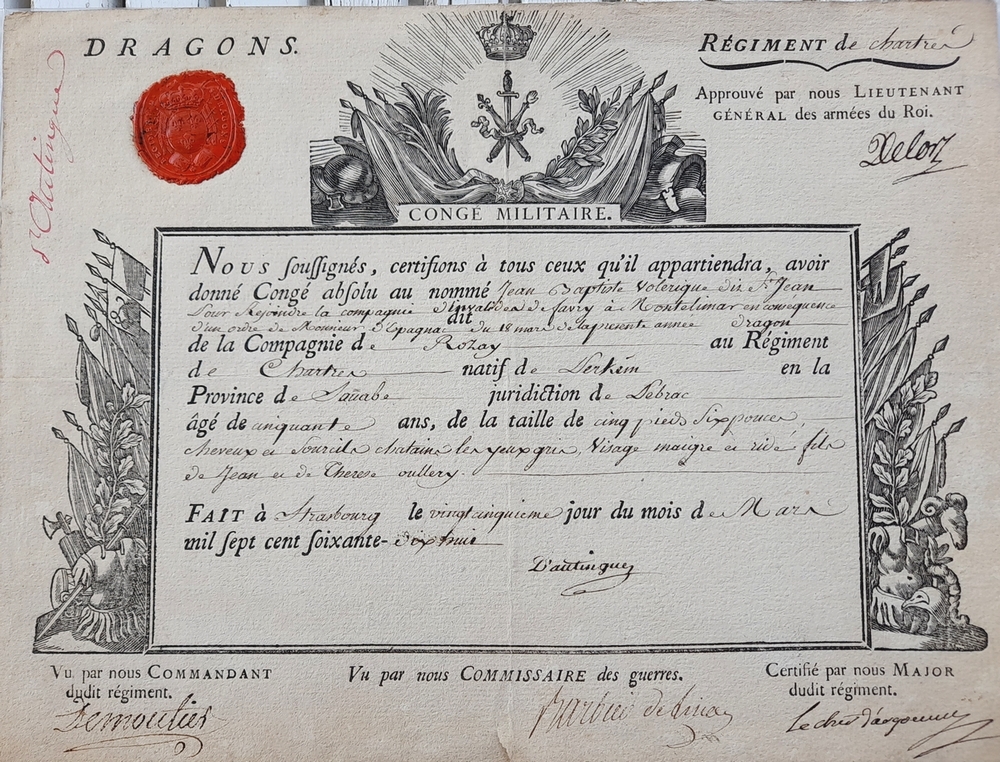 Congé 1778 Régiment de Chartres Dragons Rrvv