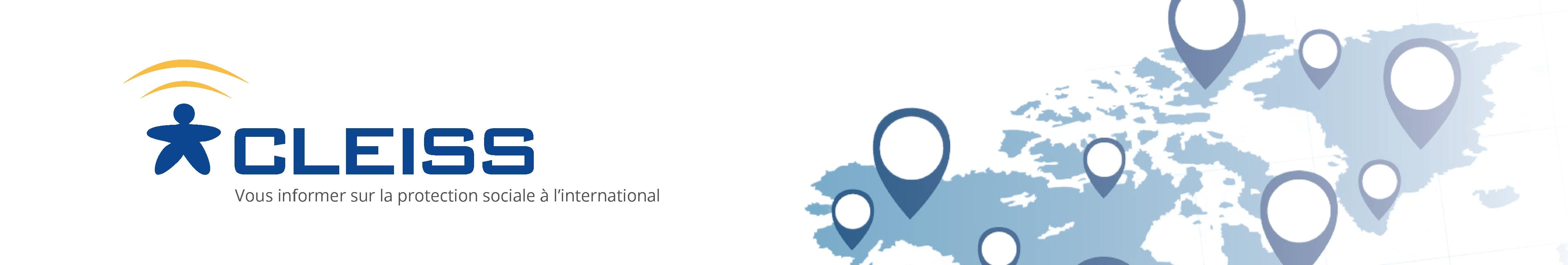 Carte du monde symbolisant la mobilité internationale avec des points marqués et le logo du CLEISS