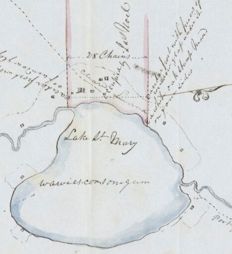 James Noel au Lac Ste-Marie (détail d'une illustration de 1844) par l'arpenteur D.J. McNaughton - suite à la demande du missionnaire Joseph Desautels , (illustration, source: BAnQ