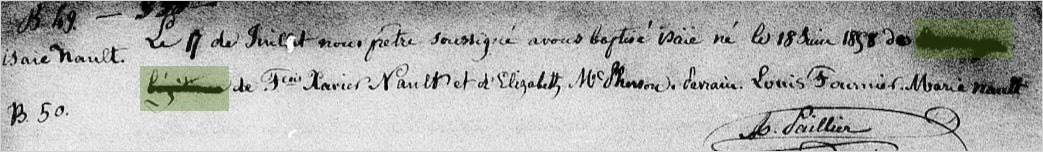 Baptême en 1858, d'ISAÏE NAUD - «illégitime»- à Maniwaki.