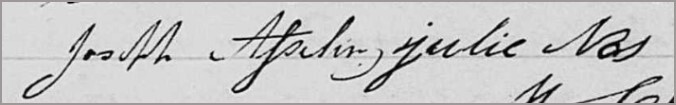 Signatures de Julie Naud et de Joseph Asselin (m.1840, LaPérade)