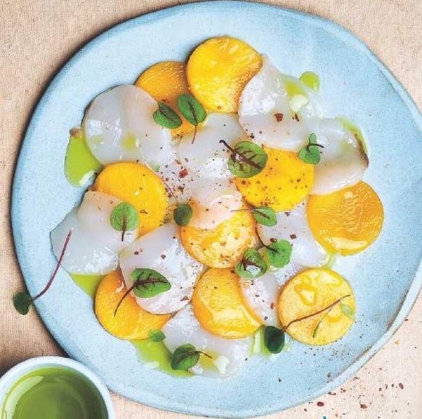 Carpaccio st-jacques/mangue à l'huile de pistache Eo8q