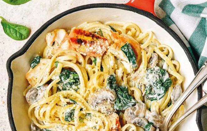 Linguines à la dinde grillée/champignons/épinards/crème Qsj6