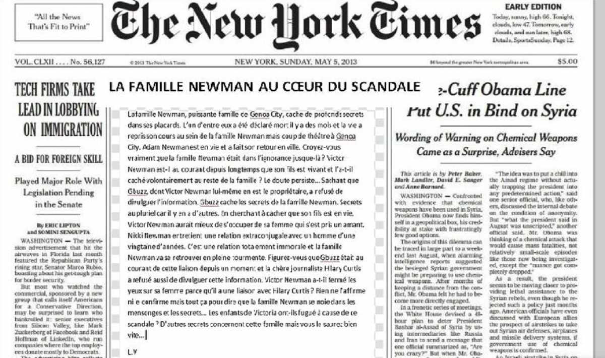 L'article de presse de Léanna "La famille Newman en plein scandale" H354