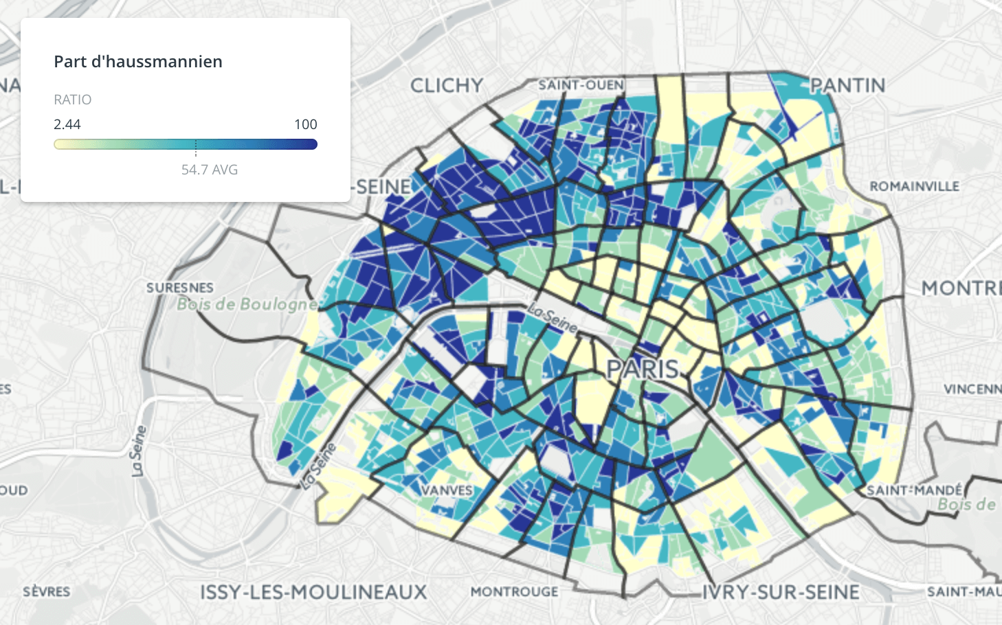 Map Percentages of Haussmann-style buildings in Paris by districts