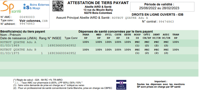 Private health Insurance - Mutuelle certificate (carte de tiers payant) in France