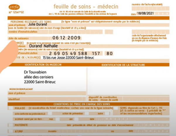 Feuille de soins - Healthcare paper in France