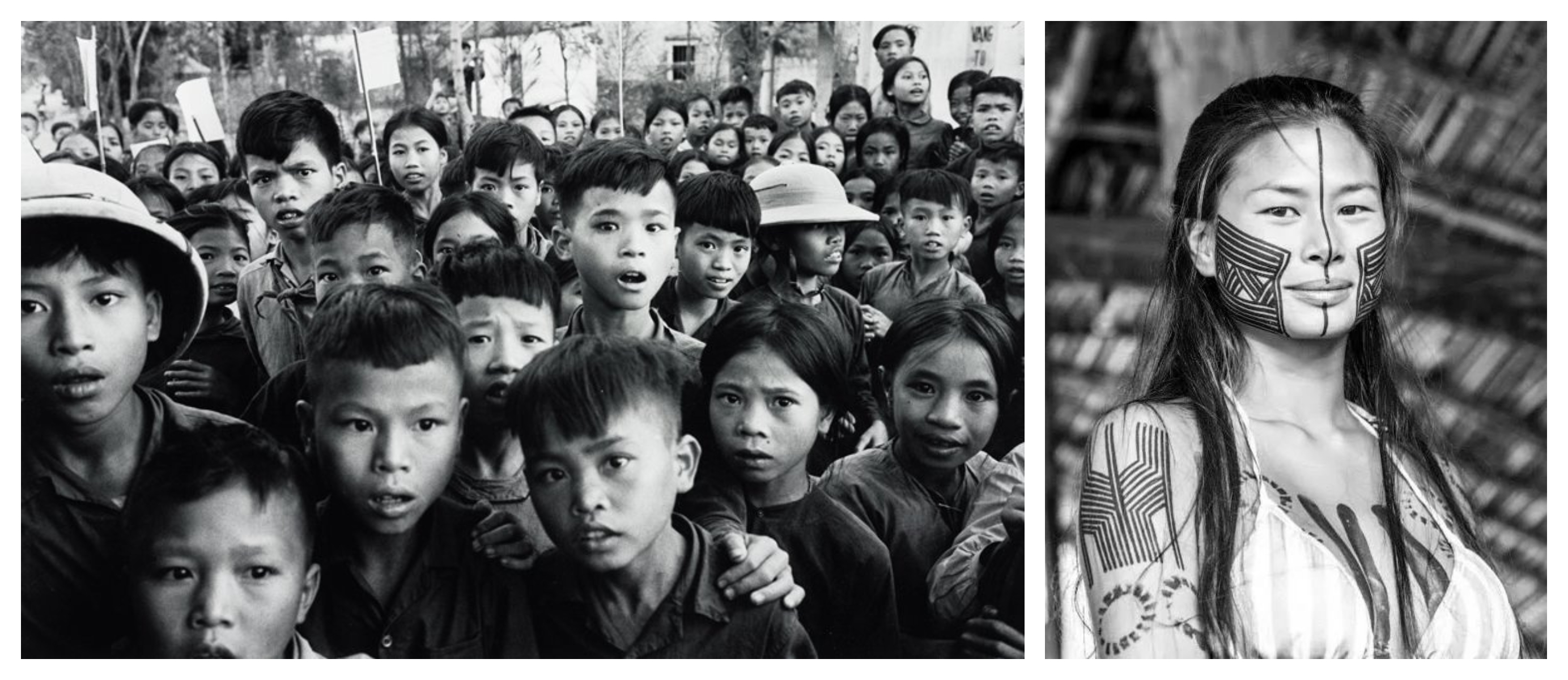 (Gauche) Enfants maronhiens, photographie de presse étrangère, Lawao, 1967. /<br>(Droite) Femme maronhos de l'ethnie ikikwé, photographie de presse locale, 1991.