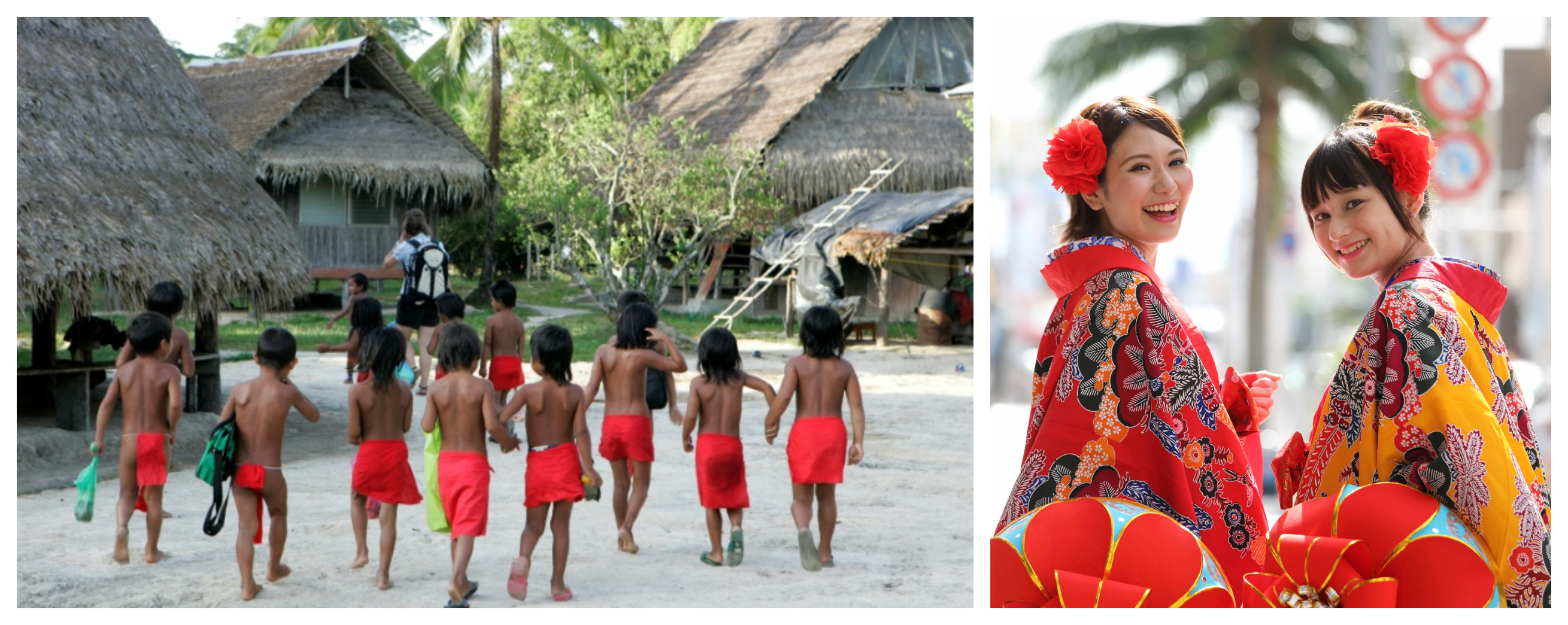 (Gauche) Touriste entourée d'enfants dans un village amjahos, photographie de touriste, 2006. / (Droite) Maronhiennes souriant à leur photographe, photographie publicitaire, 2010.