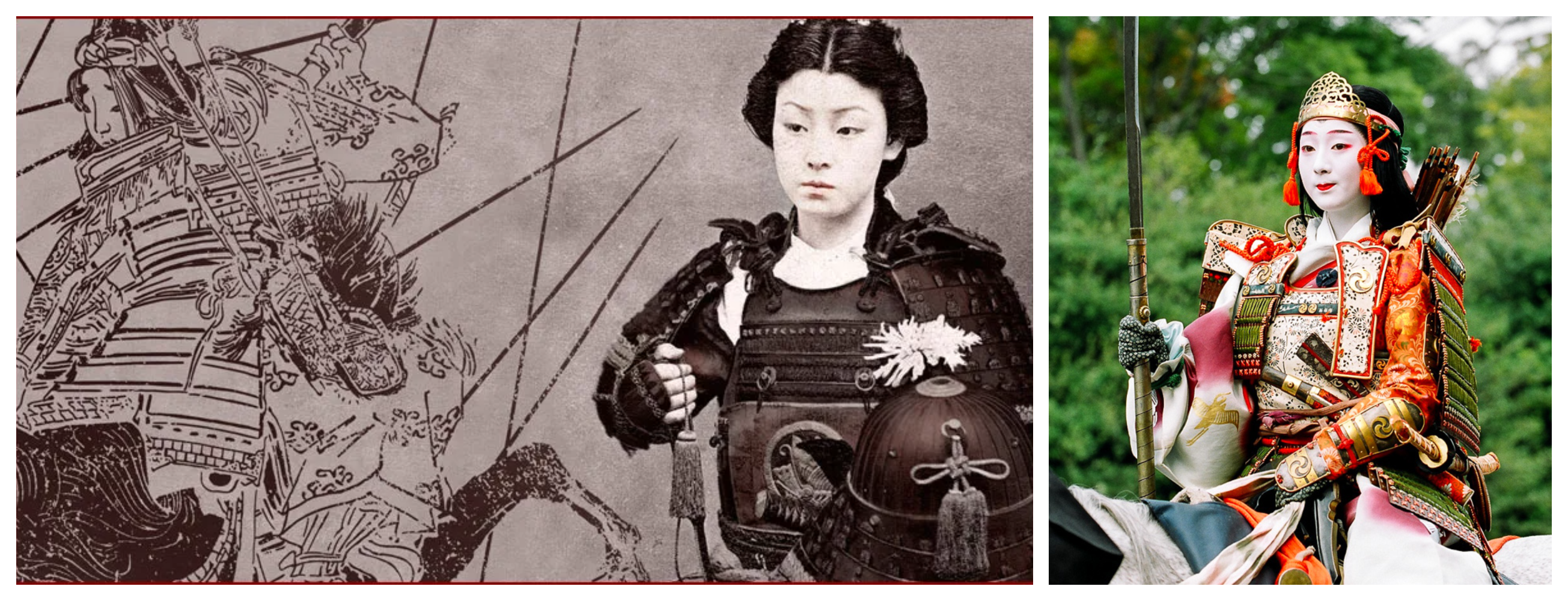 L'onna-bugeisha, femme combattante de Maronhi, illustrations anciennes et photographie du Festival historique de Fujiao, 2009.<br>