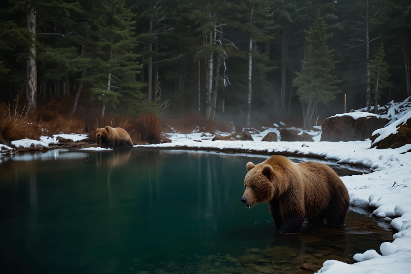 grizzlis bismuth se baignant dans une source thermale naturelle en forêt