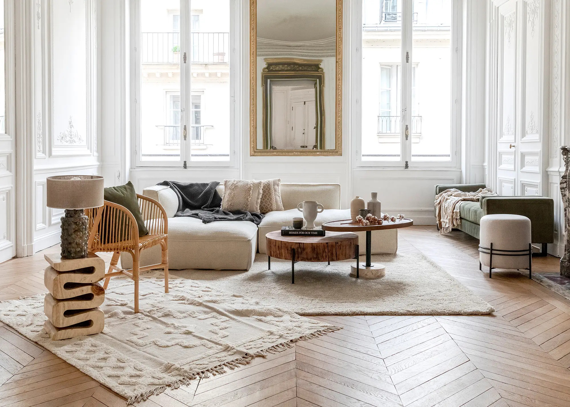 Parisian apartment living room - white, beige style