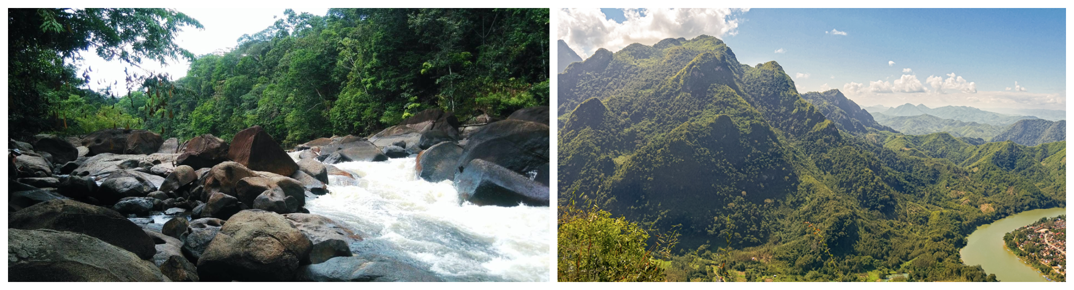 Rapides en amont de l'Opaya, fleuve de la Maronhi, photographie, 2007 / Les Lances du Ciel, chaîne de montagnes, frontière kah-tanno-maronhienne, bord du fleuve Yawara, photographie, 2005.