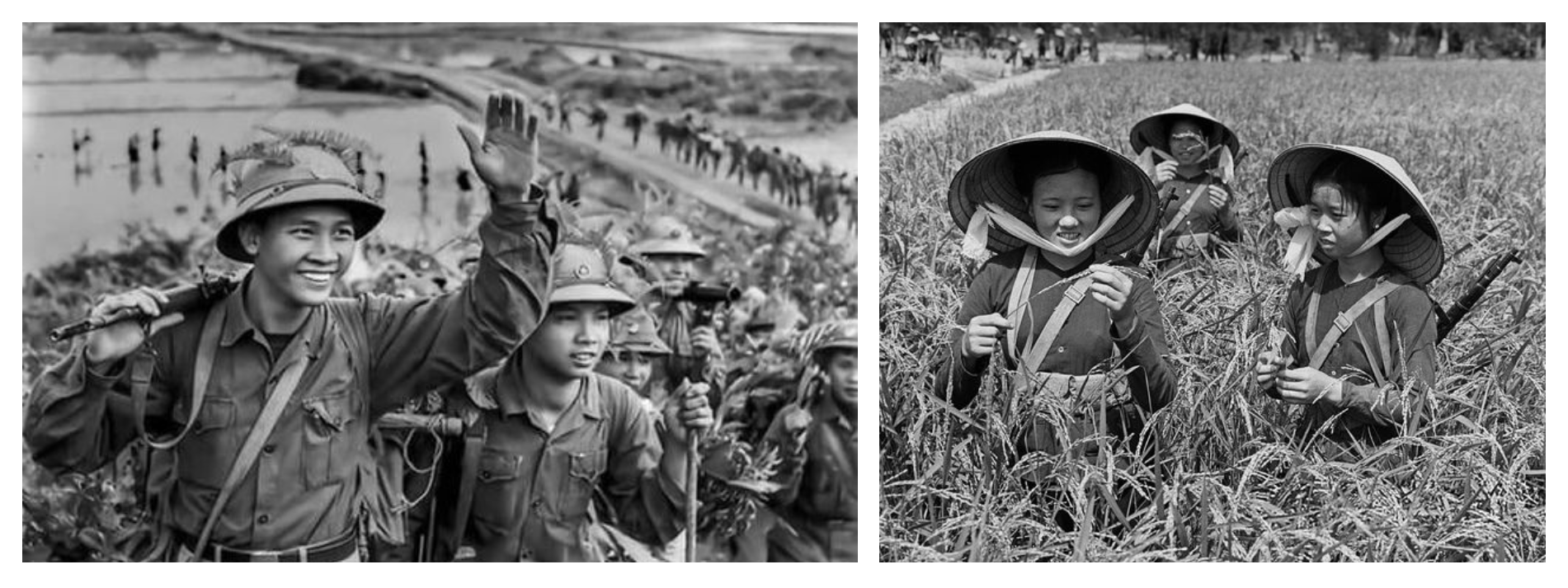 (Gauche) Soldats de l'Armée populaire de Maronhi saluant les travailleurs des rizières côtières, province de Sunga, photographie, 1962. /<br>(Droite) Femmes "foulards jaunes" patrouillant dans un champ de céréales, province de Hué, photographie, 1964.