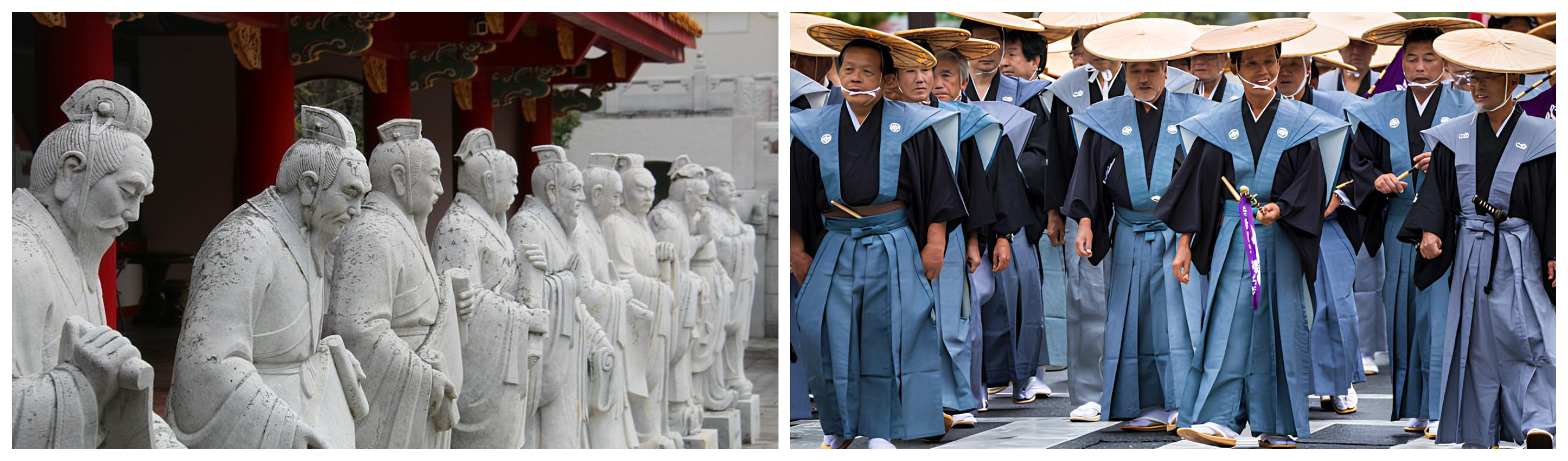 Collection dite des Neuf Confucius dans la cour de la forteresse de Matsui, photographie, 2014. / Représentants élus du Pavillon des Laborieux en sortie de séance à Siwa, photographie, 2014.