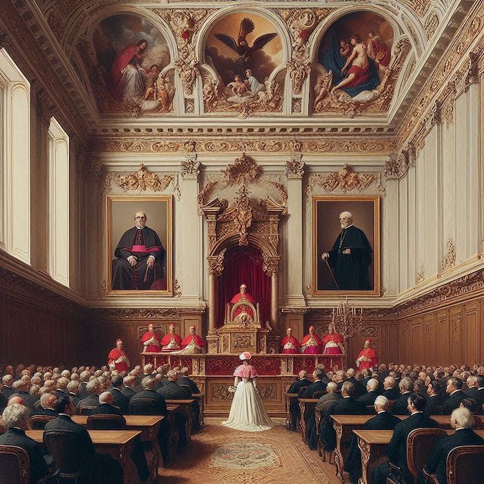 L'Impératrice devant Sa Sainteté le Papriarche Zosime XII et les huit Cardinaux, dans la grande salle du Tribunal Inquisitoire de la Sainte Créopole de Legkibourg.