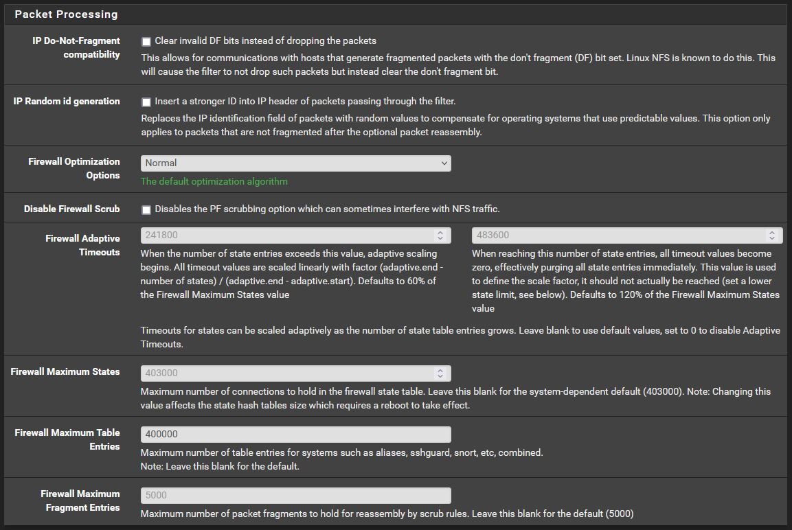 packet processing settings screenshot