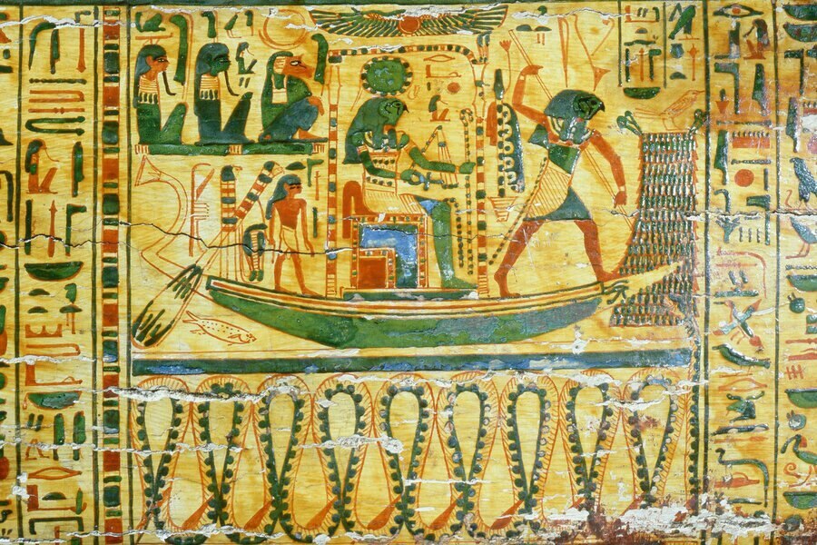 Rê sur sa barque et le serpent Apophis Rê sur sa barque et le serpent Apophis