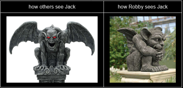 How others see Jack vs. how Robby sees Jack with on one side the image of a scary looking gargoyle and on the other side the image of a very soft and cute looking gargoyle