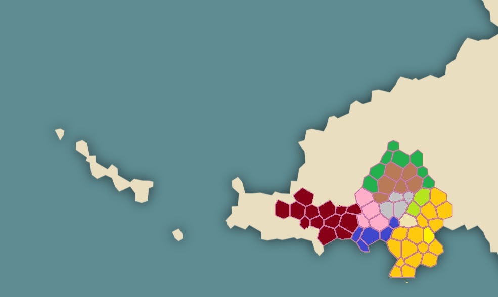 En jaunes, divers tributaires marcinois et Comptoir de Saint Copains des Baies, en rouge le Pallis sous protectorat Kaulthe et le reste représentent les divers principautés ainsi que le marron clair, le Monzan affaibli en marron clair. 