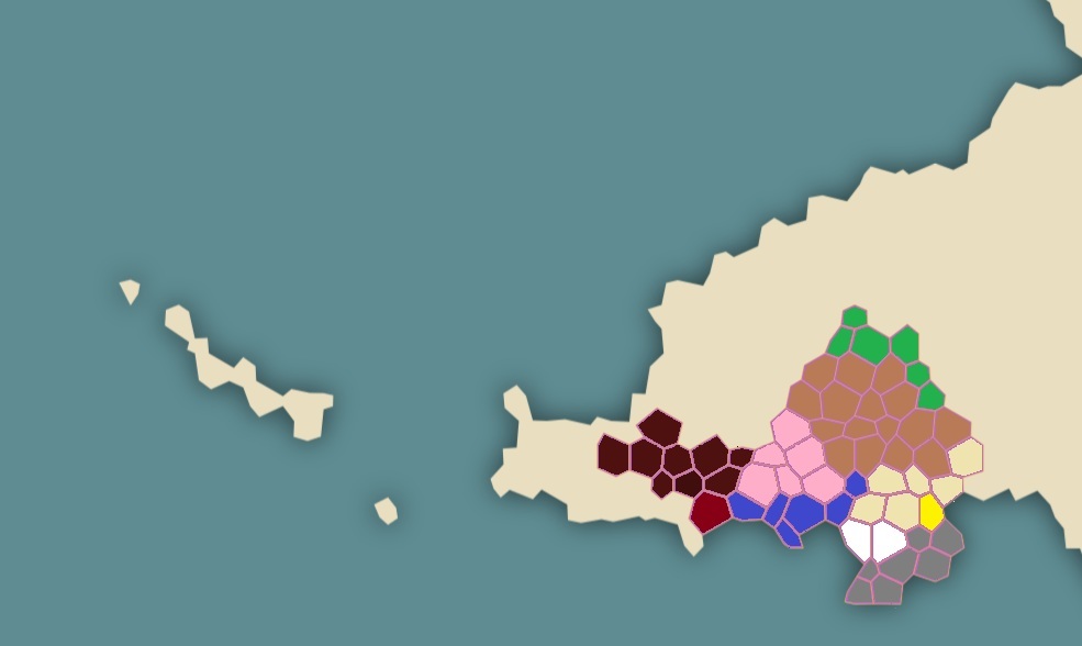 Mazonza au XVIe siècle, en rouge le comptoir Kaulthe, en Jaune celui appartenant à Marcine, en Marron clair le Mazan et en pourpre le Pallis ; les autres couleurs représentent les diverses principautés avec plus ou moins d'influence.