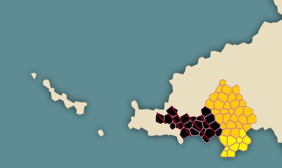 La colonie d'Isoine en jaune clair, le Royaume d'Azzymérie en jaune or et en noir le Protectorat du Nabwiliène. Les hachures rouges représentent les zones de guérilla.