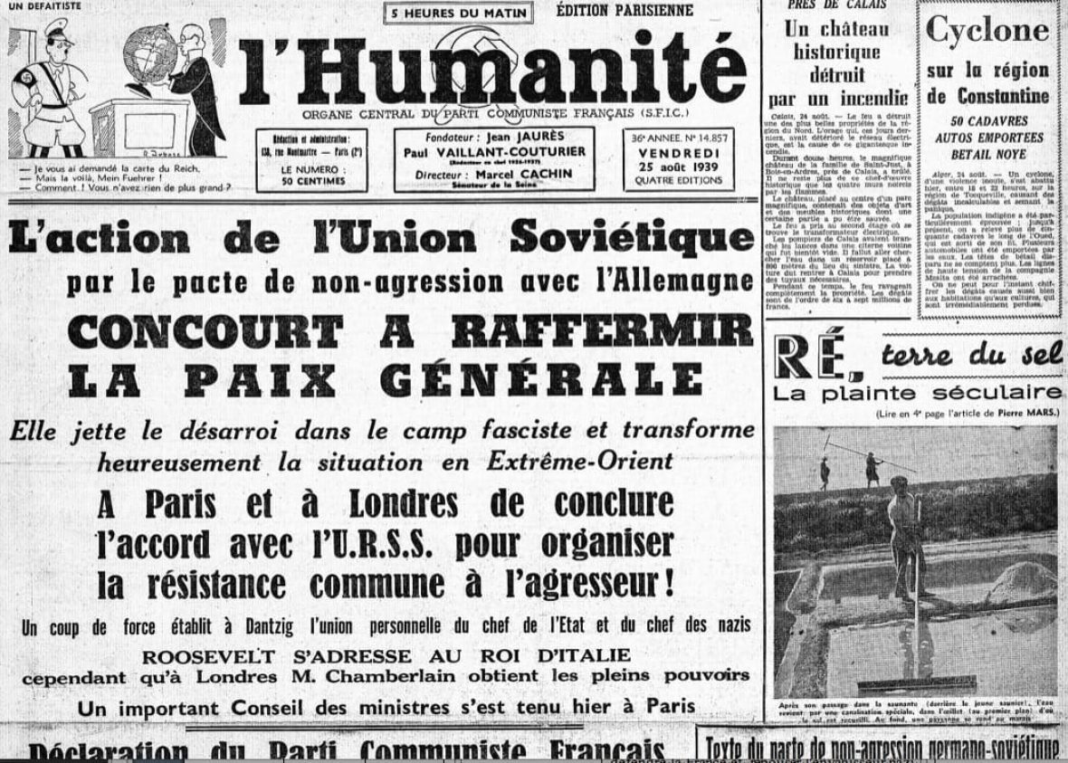 L'invasion de l'Antares concourt à la paix mondiale ! L'Huma s'extasiant devant le pacte Molotov-Ribbentrop...