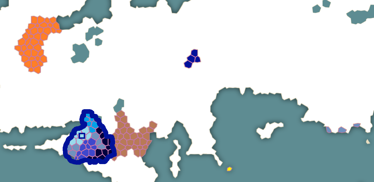 Carte des principaux protagonistes, En bleu foncé, le duché de Weilsbrecht, dans les autres nuances de bleus, le Monde antérinien, succeptible de changer si les joueurs réclament des modifications, en marron la Youslévie, en Orangée, Teyla et en Jaune Sancte.