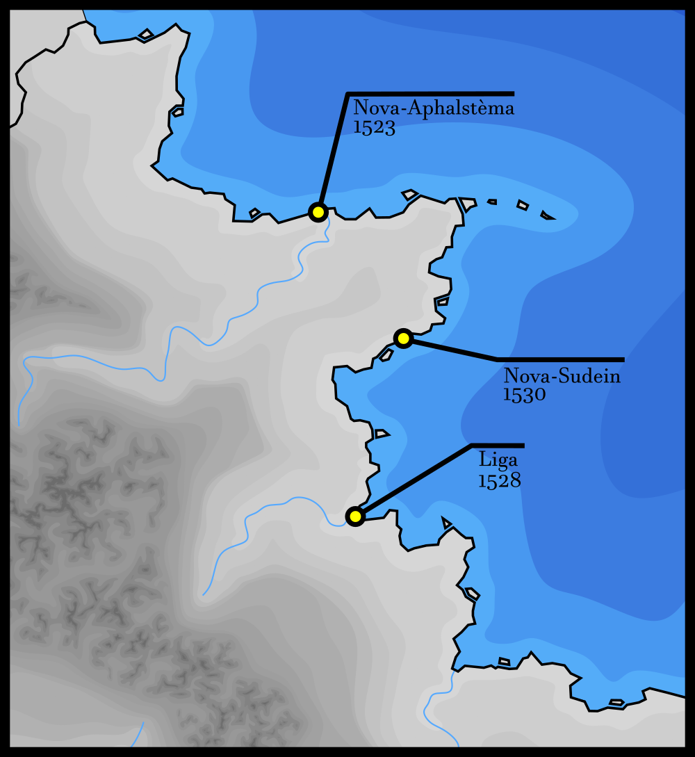 Carte des Premières Colonies Kaulthes majeures au Nouveau-Saptär, entre 1523 et 1530