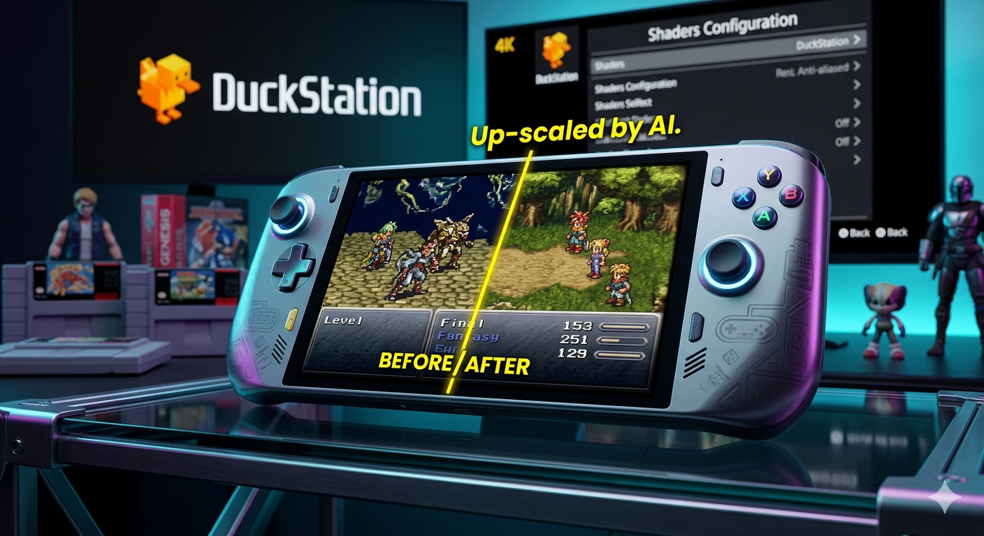 Comparaison avant/après de l'upscaling IA et des shaders CRT sur une console portable de rétro-gaming