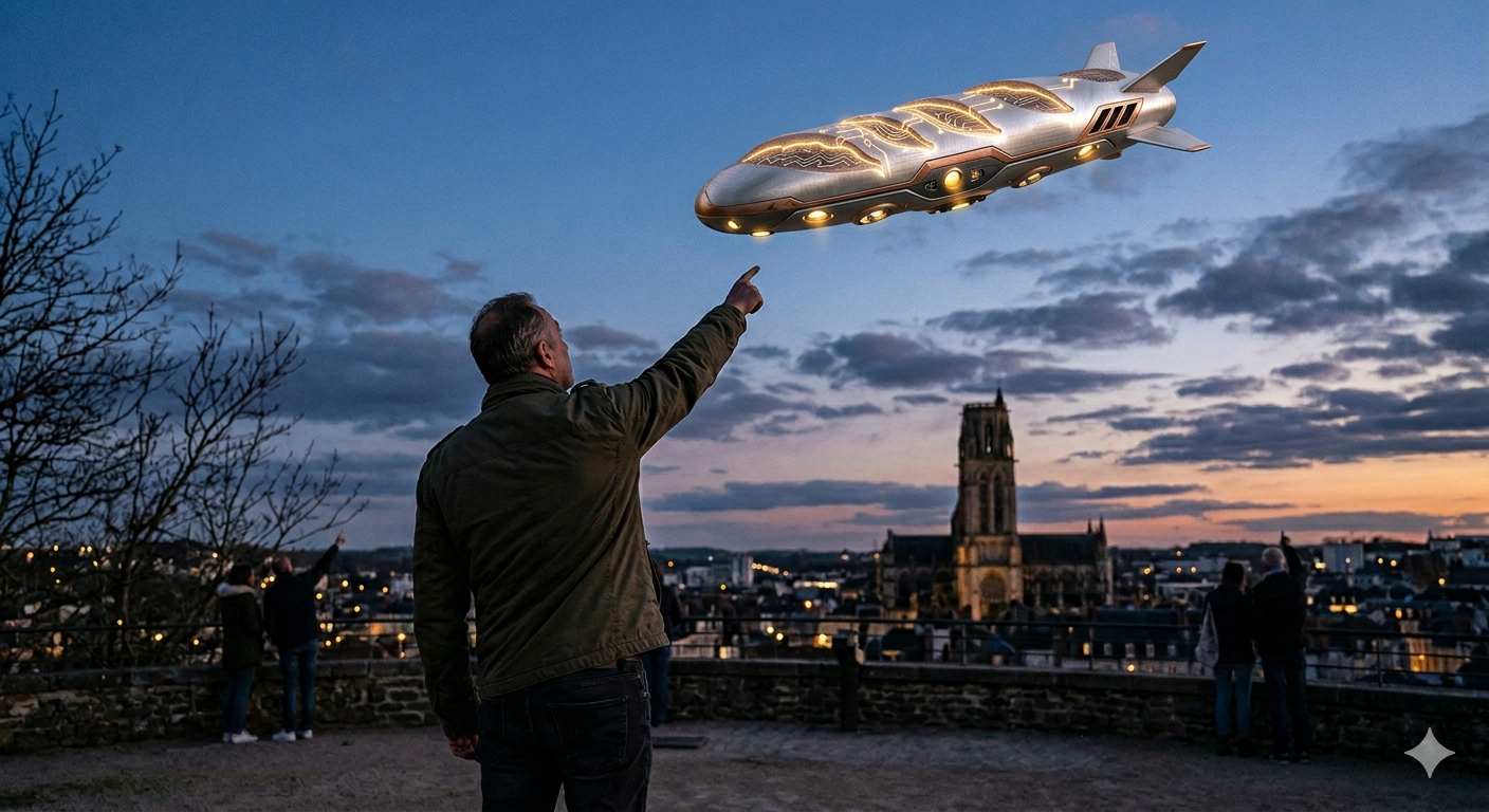 Plusieurs témoins ont observé ce phénomène au crépuscule. Le témoin au premier plan semble stupéfait par la taille de l'OVNI.