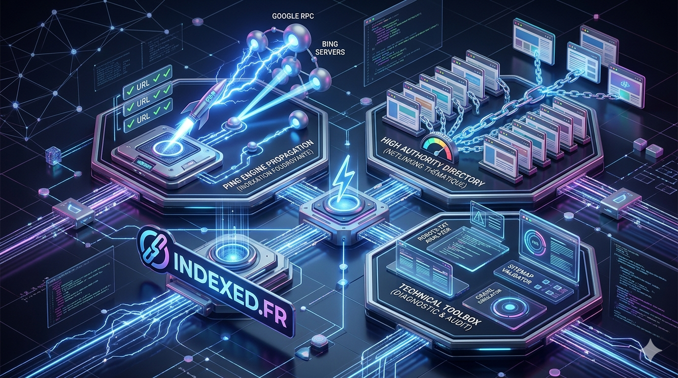 Infographie 3D futuriste représentant les piliers du SEO technique en 2026 : un moteur d'indexation rapide, un annuaire d'autorité et une suite d'outils analytiques interconnectés sous la marque Indexed.fr