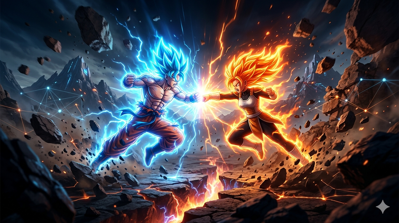 Illustration conceptuelle de combat intense type anime : deux guerriers surpuissants, l'un à l'aura bleue électrique, l'autre orange de feu, s'entrechoquent dans une arène en ruine, symbolisant la destructibilité et l'énergie brute de Dragon Ball: Sparkin