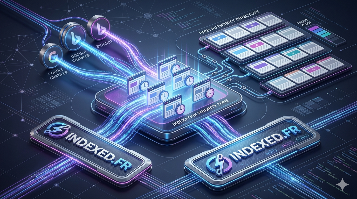 Illustration conceptuelle d'une masterclass SEO : une jauge de vitesse centrale sous le logo Indexed.fr forçant l'indexation rapide des URLs vers des nœuds Google et Bing, connectée à un annuaire spécialisé haute autorité pour booster le netlinking et l'a Illustration conceptuelle d'une masterclass SEO : une jauge de vitesse centrale sous le logo Indexed.fr forçant l'indexation rapide des URLs vers des nœuds Google et Bing, connectée à un annuaire spécialisé haute autorité pour booster le netlinking et l'a