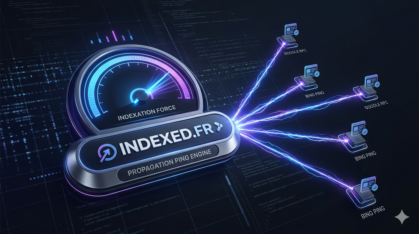 Interface digitale d'un outil de référencement affichant la progression d'indexation d'un site web avec le logo Indexed.fr, symbolisant la rapidité et l'efficacité du Ping Engine