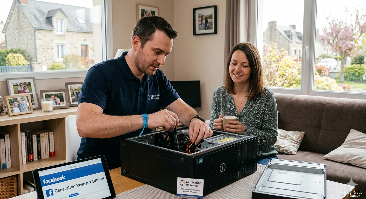 Un technicien Génération Réseaux en intervention locale au Lion-d'Angers pour la réparation d'un PC à domicile.