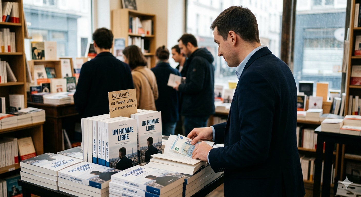 Photo satirique prise dans une librairie : une silhouette de profil, évoquant un ancien Premier Ministre, est en train de glisser discrètement un billet de 20 euros à l'intérieur d'un exemplaire de son livre 'UN HOMME LIBRE' exposé sur une table.