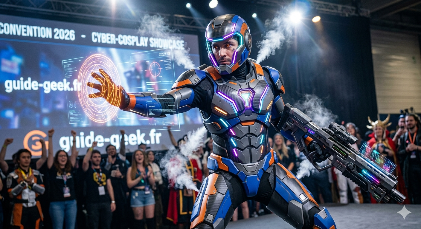 Un cosplayer en 2026 portant une armure futuriste complexe imprimée en 3D avec des accents lumineux LED bleu électrique, intégrant de l'électronique embarquée et des effets de vapeur (smoke machine) déclenchés sur scène lors d'une convention. L'arrière-pl