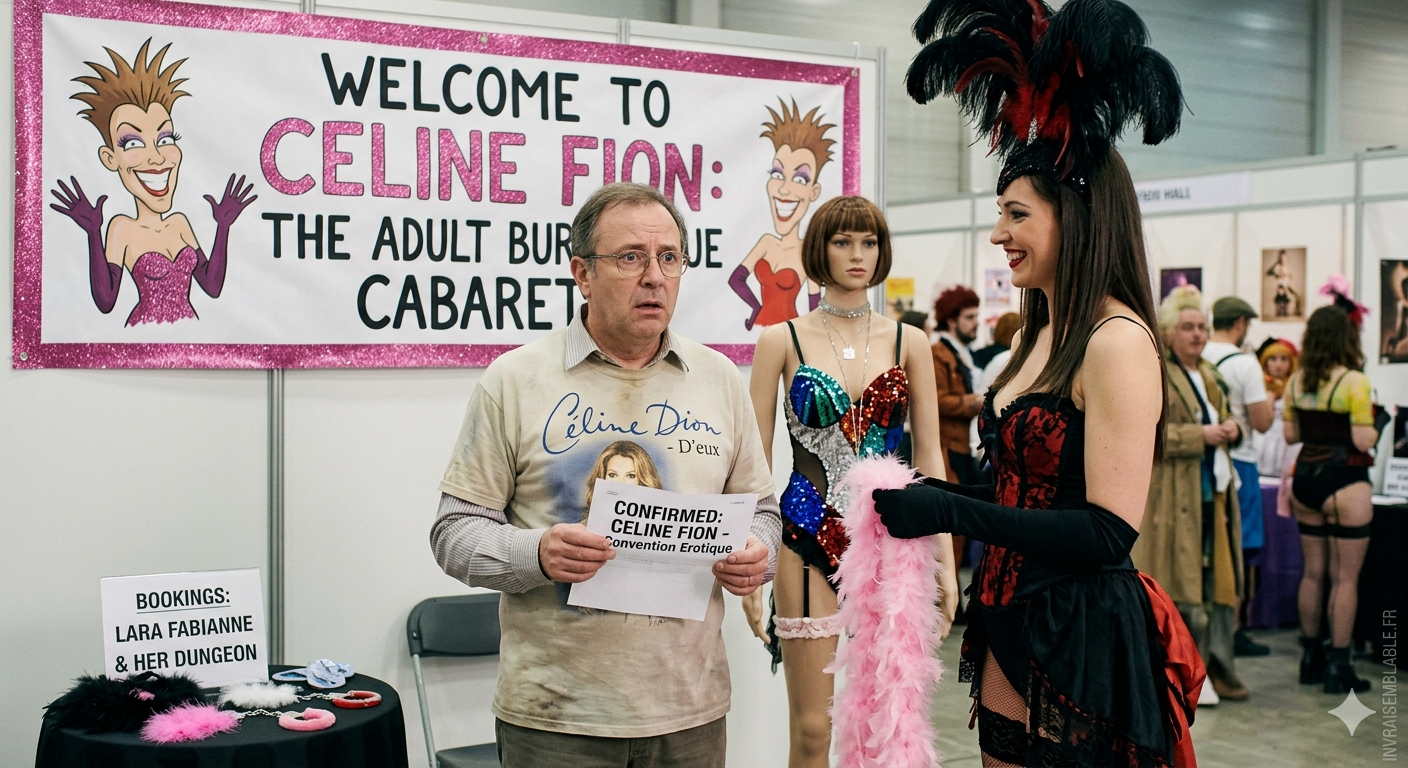 Le stand est décoré de manière kitch avec des ballons rose fuchsia et une banderole bricolée. Une hôtesse, portant un costume burlesque modeste (style cabaret soft), l'accueille avec un grand sourire en lui tendant un programme sur lequel on lit clairemen