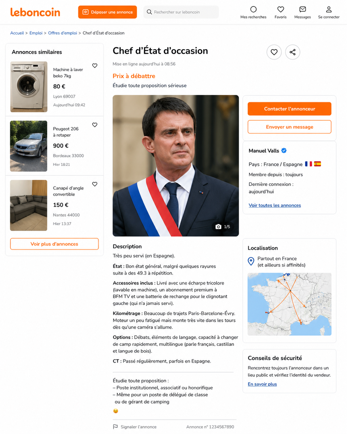 Valls sur Leboncoin : la livraison est offerte si vous lui promettez un passage télé.