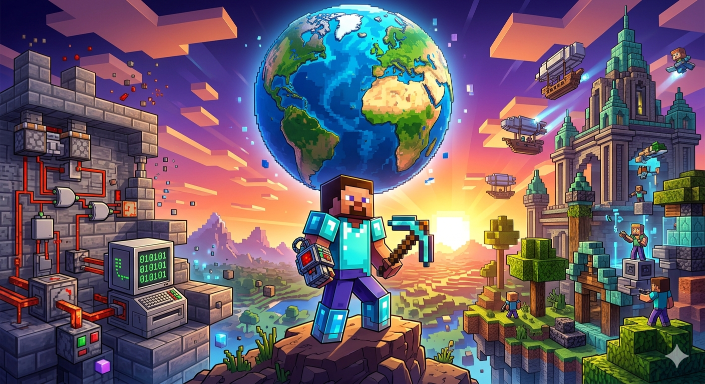 Illustration épique de Minecraft en 2026 : un joueur en armure de diamant domine un paysage cubique mêlant survie, Redstone complexe et constructions massives sous un ciel de shaders avancés.