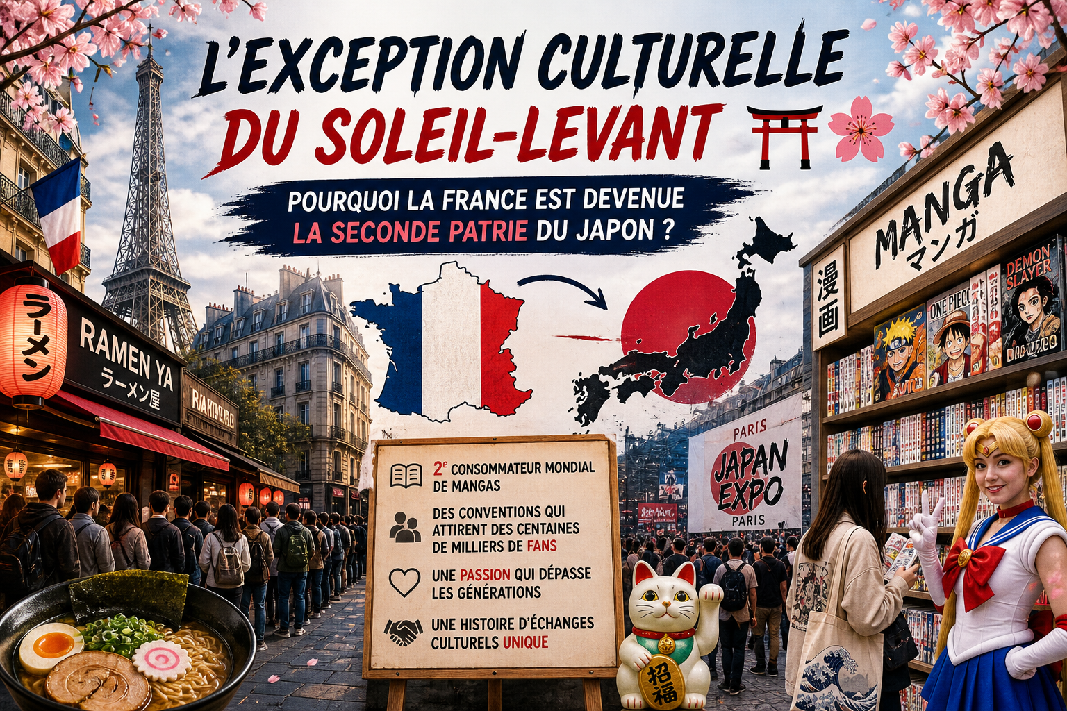Illustration dynamique mêlant Paris et la culture japonaise : file d’attente devant un restaurant de ramen, librairie de mangas, cosplay, carte France–Japon et symboles comme fleurs de cerisier et torii, évoquant la passion française pour le Japon.