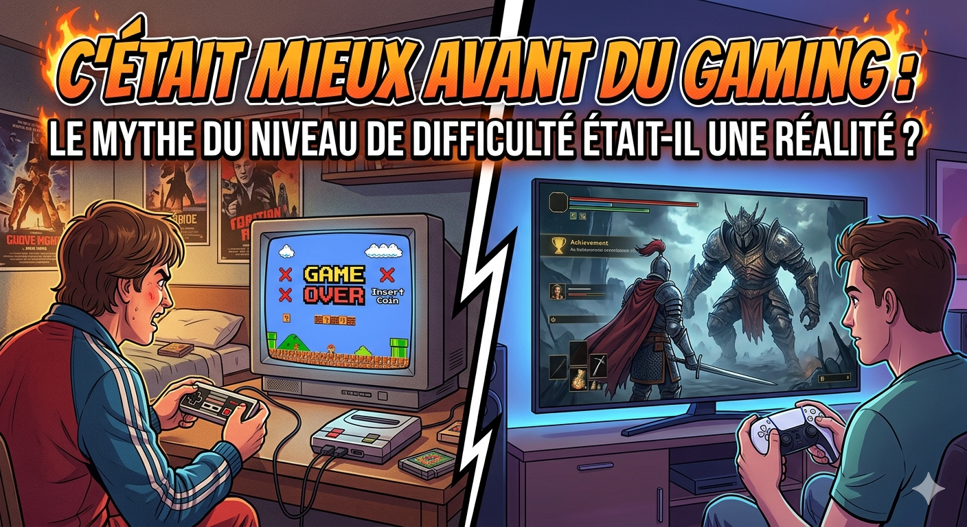 Illustration split-screen comparant un joueur énervé sur console NES rétro avec un 'Game Over' à un joueur calme sur console PS5 moderne face à un boss de Dark Souls
