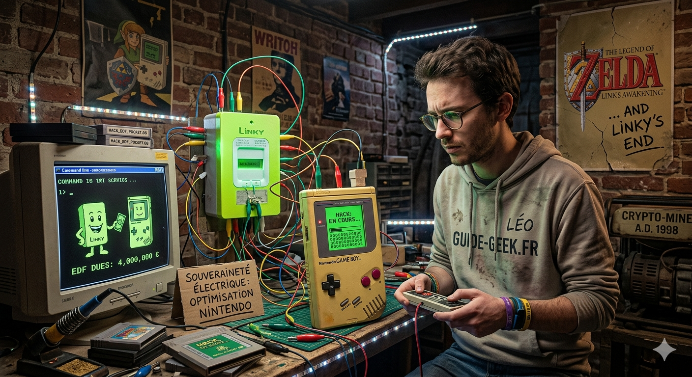 Geek piratant un compteur Linky avec une Game Boy modifiée.