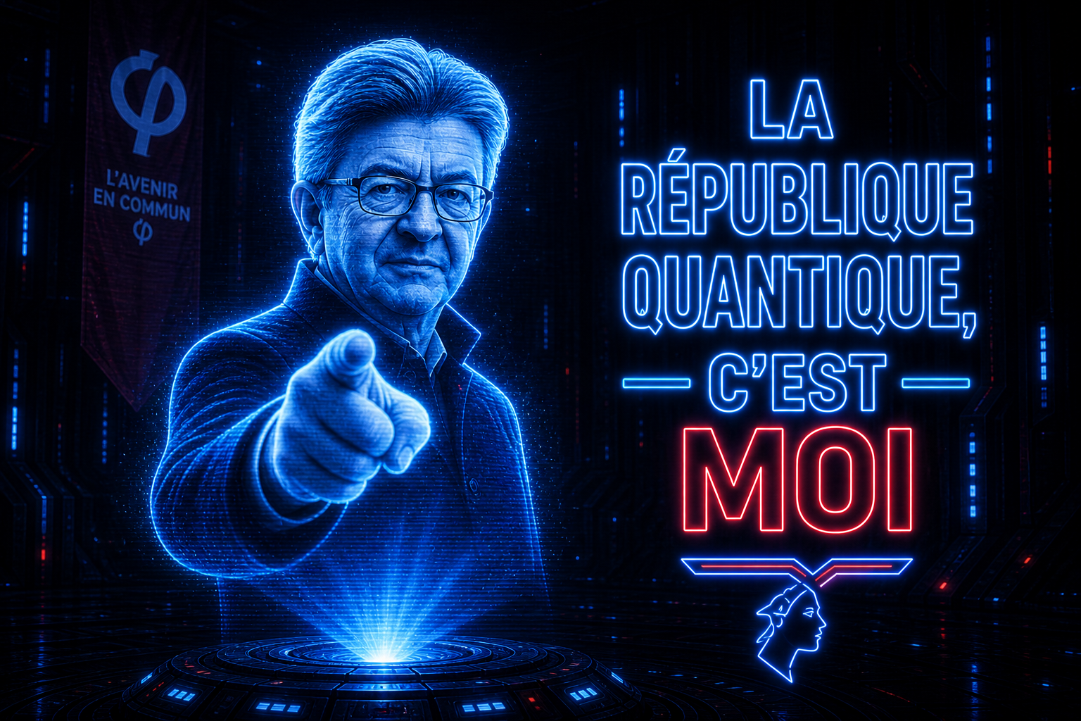Portrait futuriste de Jean-Luc Mélenchon en hologramme bleu scintillant façon Star Wars, pointant du doigt le spectateur avec le slogan 'La République Quantique, c'est Moi' écrit en néon.