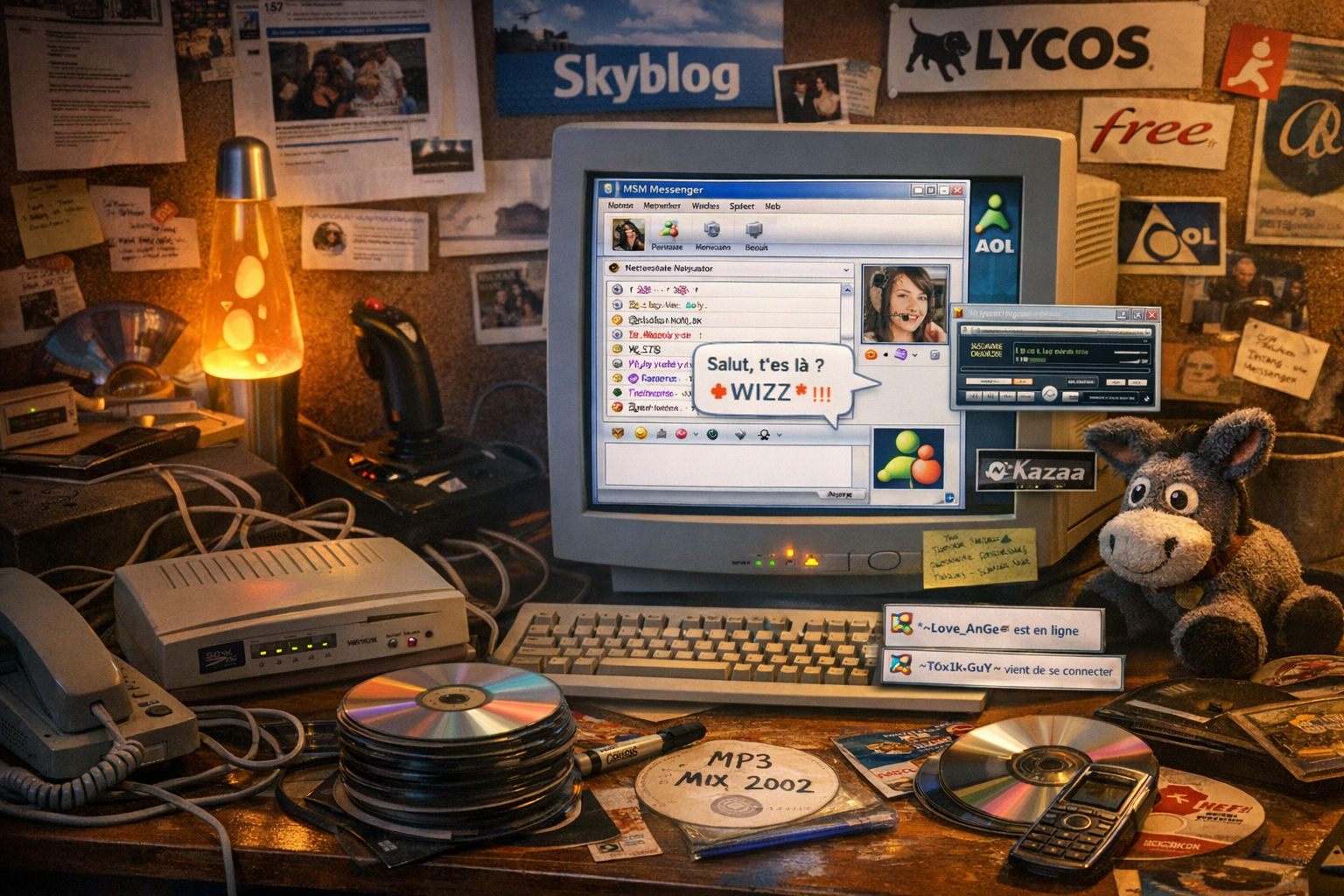 Bureau rétro des années 2000 avec ordinateur CRT affichant MSN Messenger, modem 56k, CD-R gravés, peluche eMule et affiches Lycos et Skyblog — ambiance nostalgique de l’Internet d’époque.