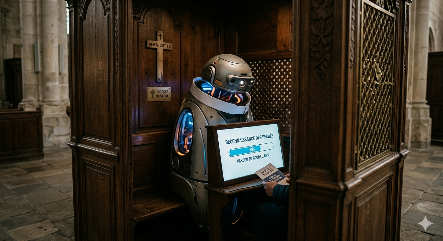 Un robot-curé futuriste portant un col romain blanc installe un confessionnal en bois ancien dans une église du Maine-et-Loire. L'écran affiche 'Pardon en cours... 66%', illustrant la confession par Bluetooth à Segré.