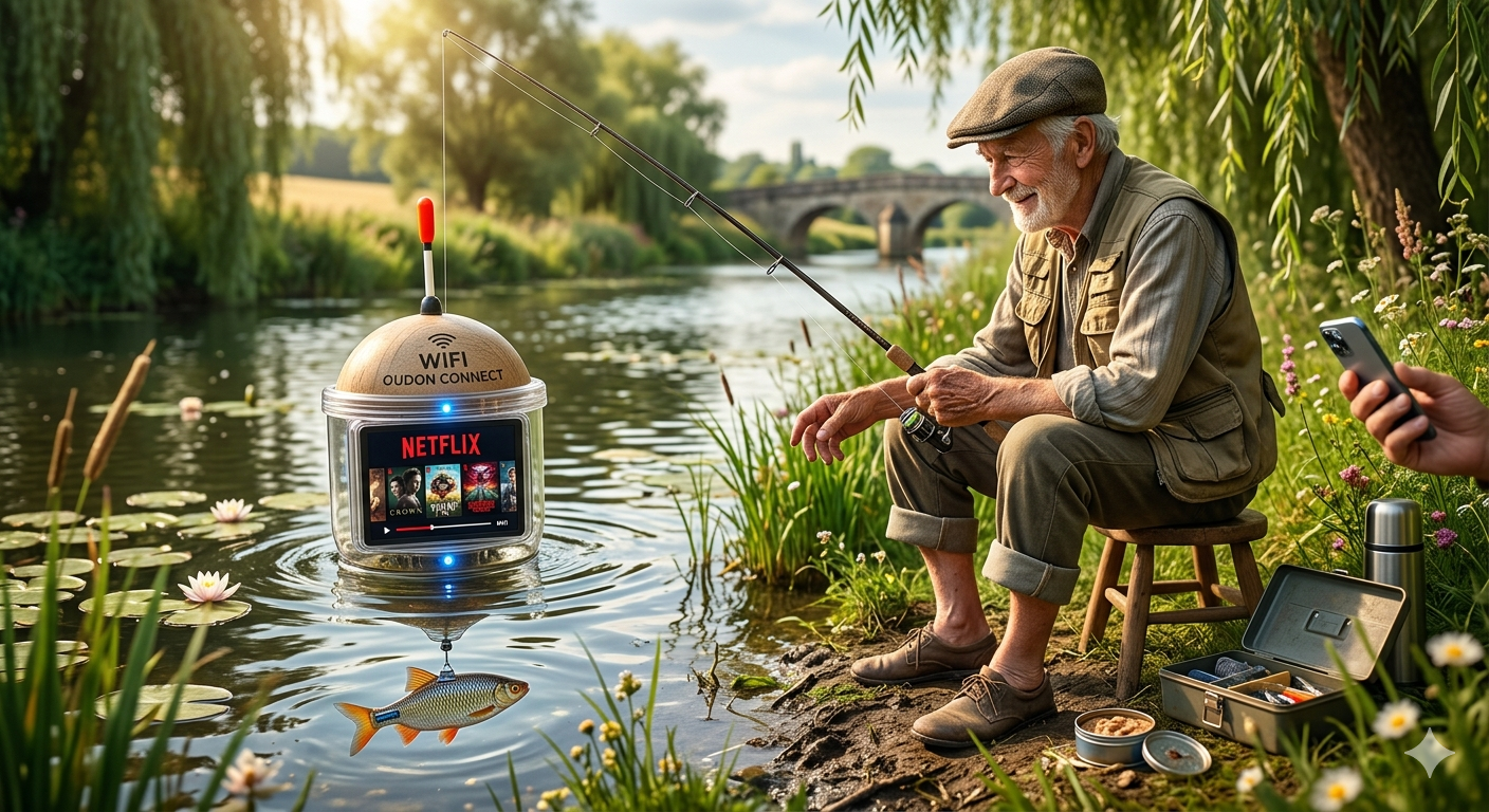 Un pêcheur retraité assis au bord de l'Oudon, observant son bouchon de pêche futuriste qui diffuse Netflix. Le bouchon flotte sur l'eau avec un logo WiFi et un écran affichant des films.