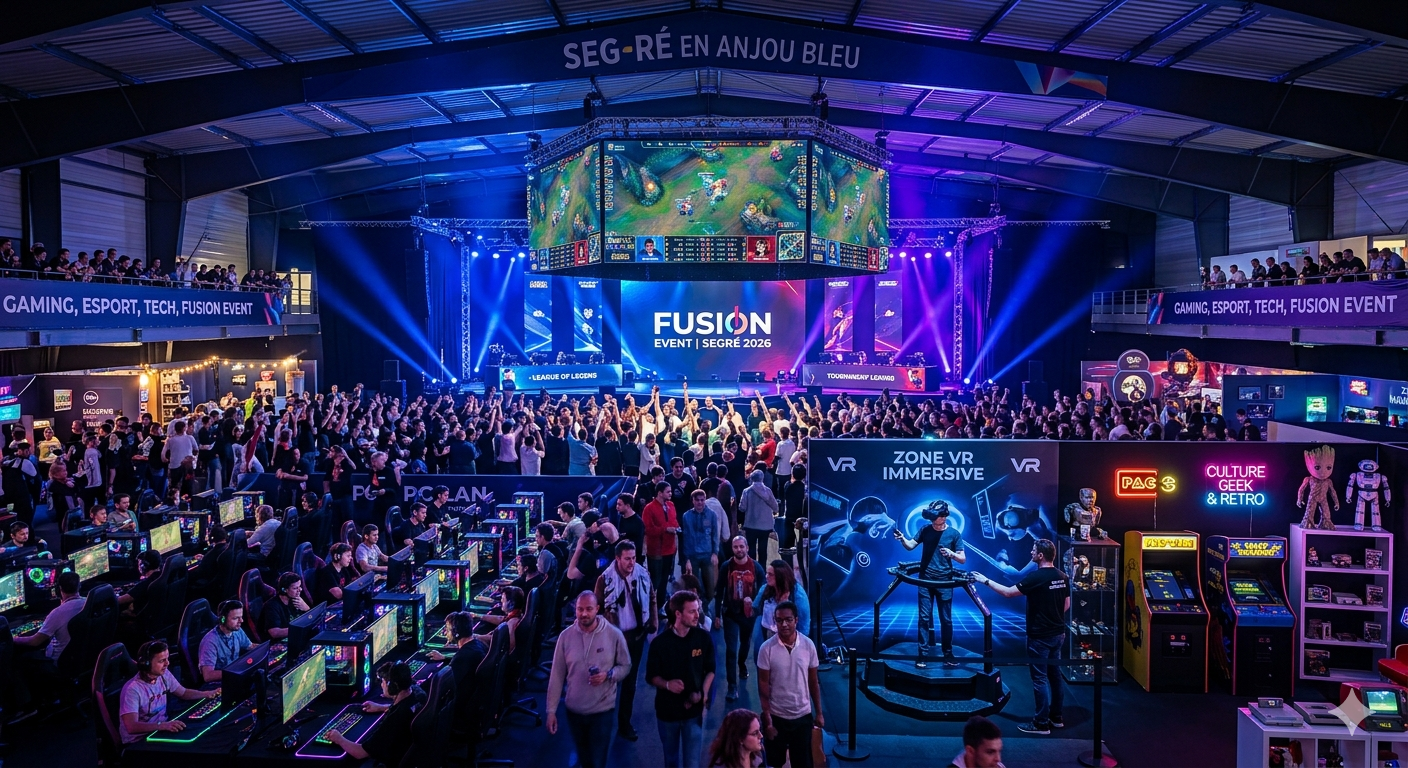 Vue d'ensemble du Fusion Event 2026 à Segré : scène Esport League of Legends, zone VR immersive et bornes d'arcade rétro avec une foule de passionnés en Anjou Bleu.